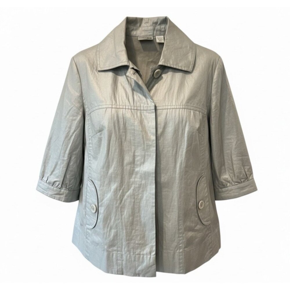 Chicos Silver Gray Shimmer 100% Coated Linen 3/4 Sleeve Jacket Womens S Casual